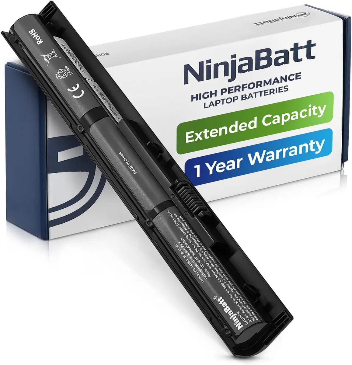 Rectangular black laptop battery with four cells and label text