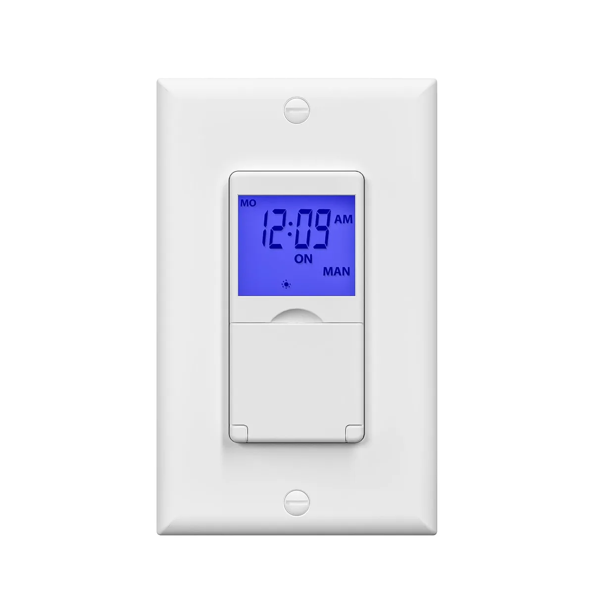 White rectangular in-wall timer switch with blue backlit display and push buttons