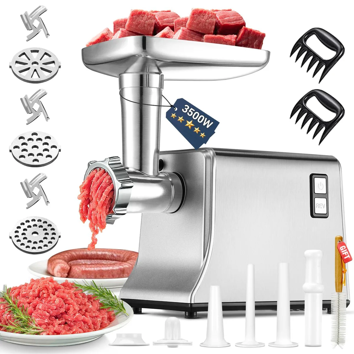 Silver electric meat grinder with feeding tray and attachments