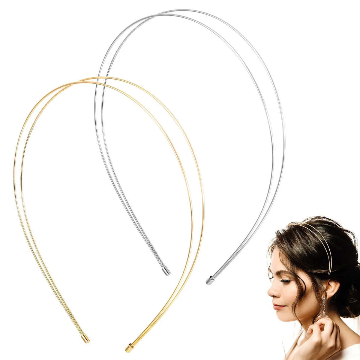 Two thin metal headbands, one gold and one silver, each 12 cm wide with small decorative stones