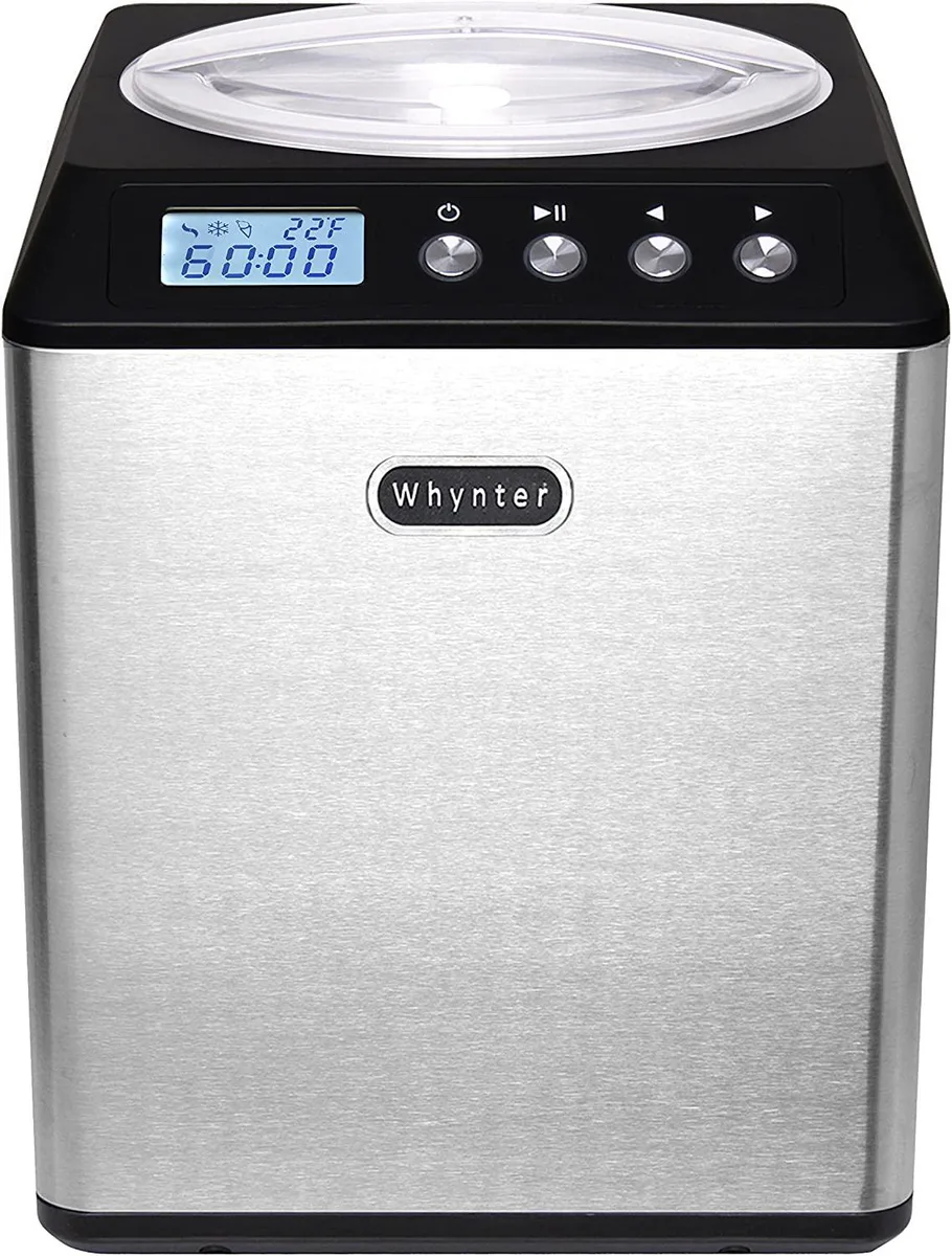 Upright stainless steel ice cream maker with LCD display and removable mixing bowl