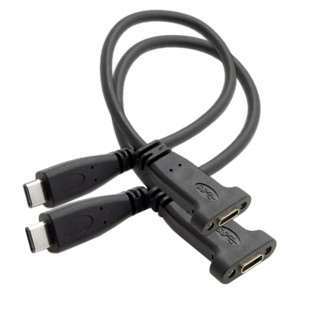 Two short black USB-C male-to-female cables with panel-mount holes