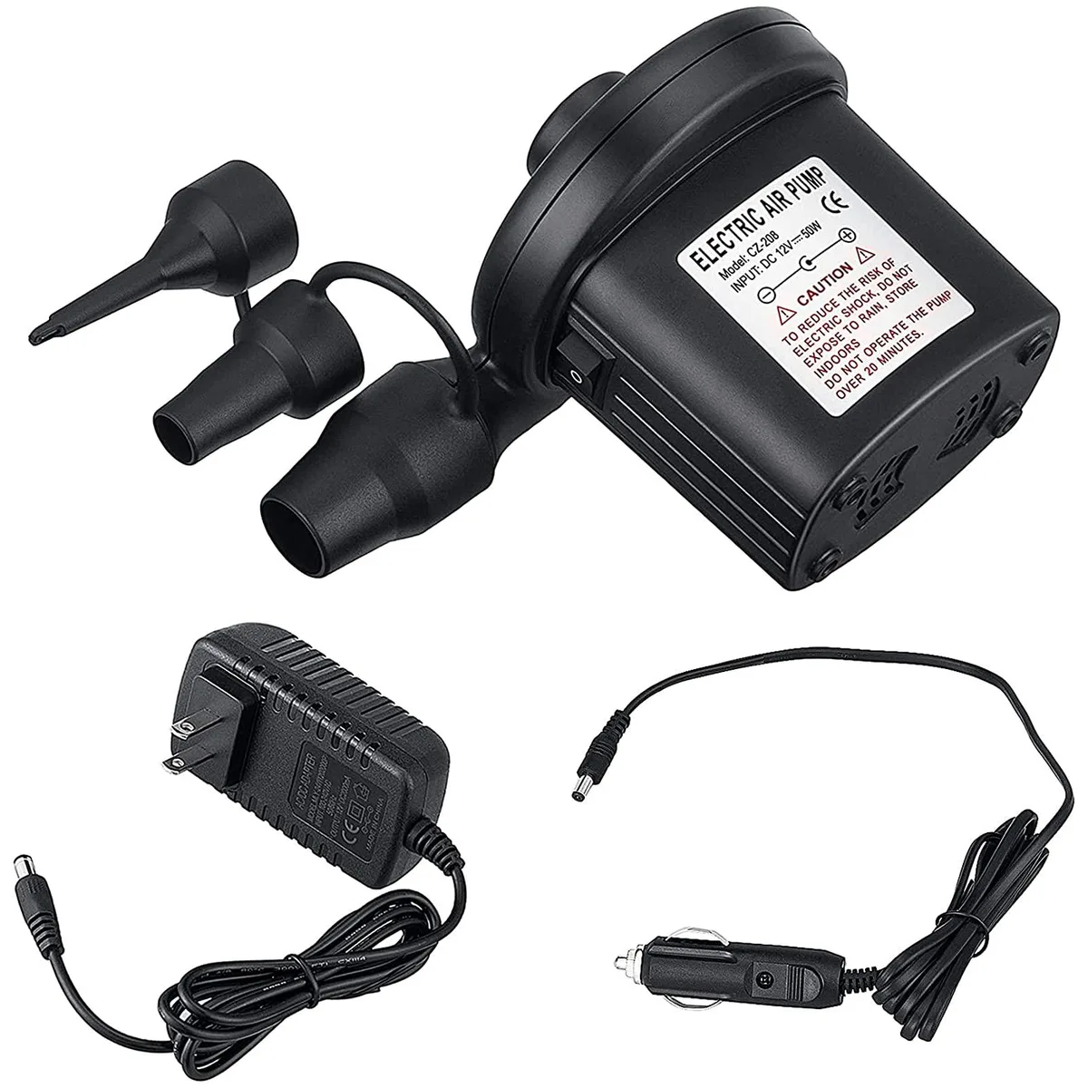 Twelve compact plastic pumps with dual power cords and three nozzle attachments