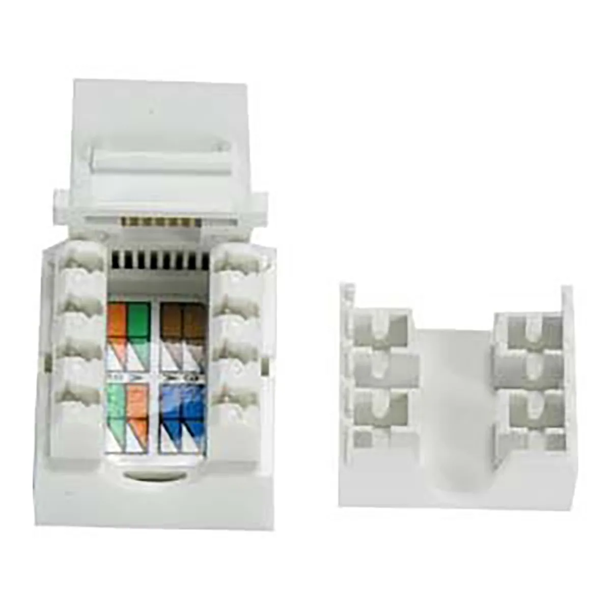 White rectangular keystone jack with punch-down terminals and color-coded wiring labels