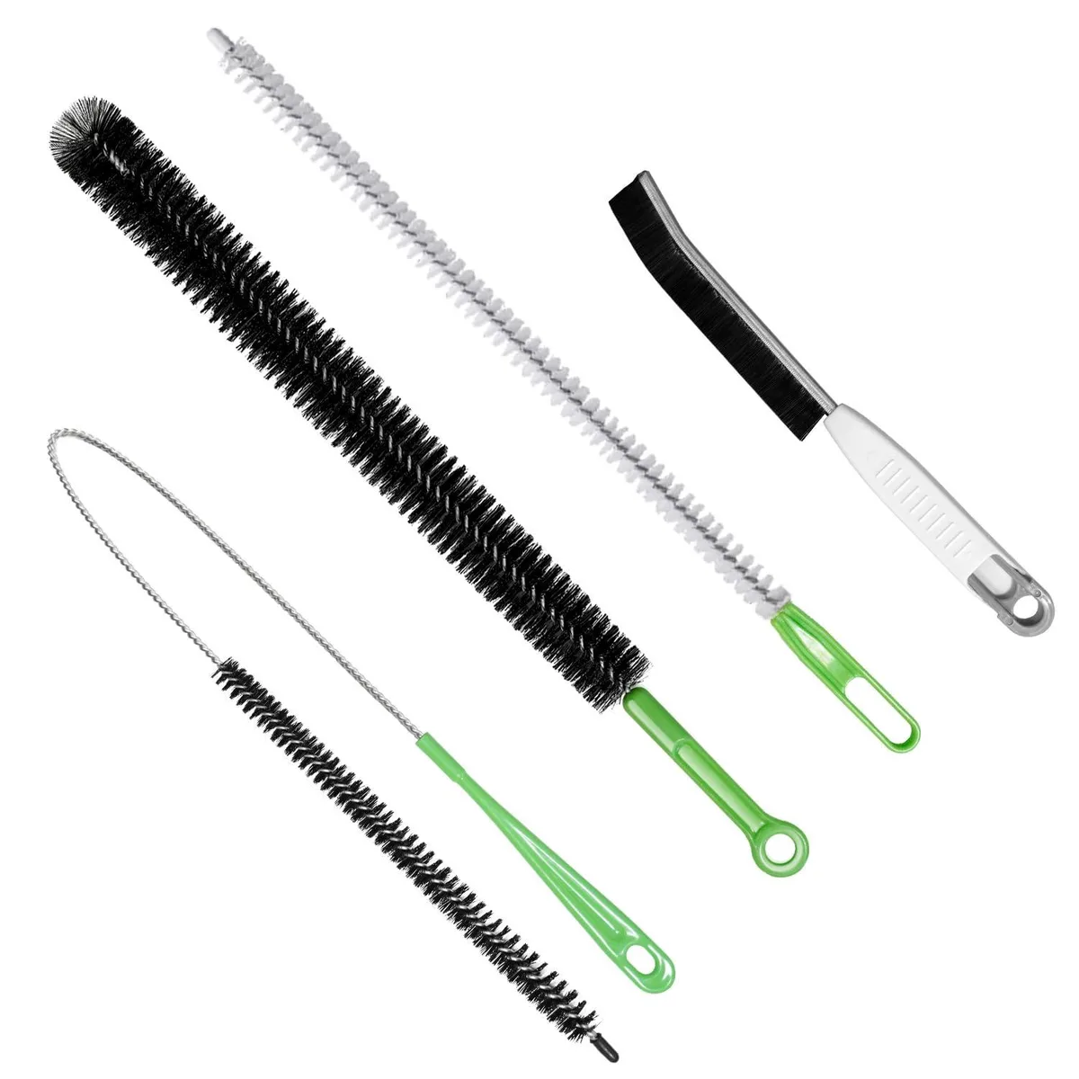 Four flexible cleaning brushes with ergonomic handles and crevice tool