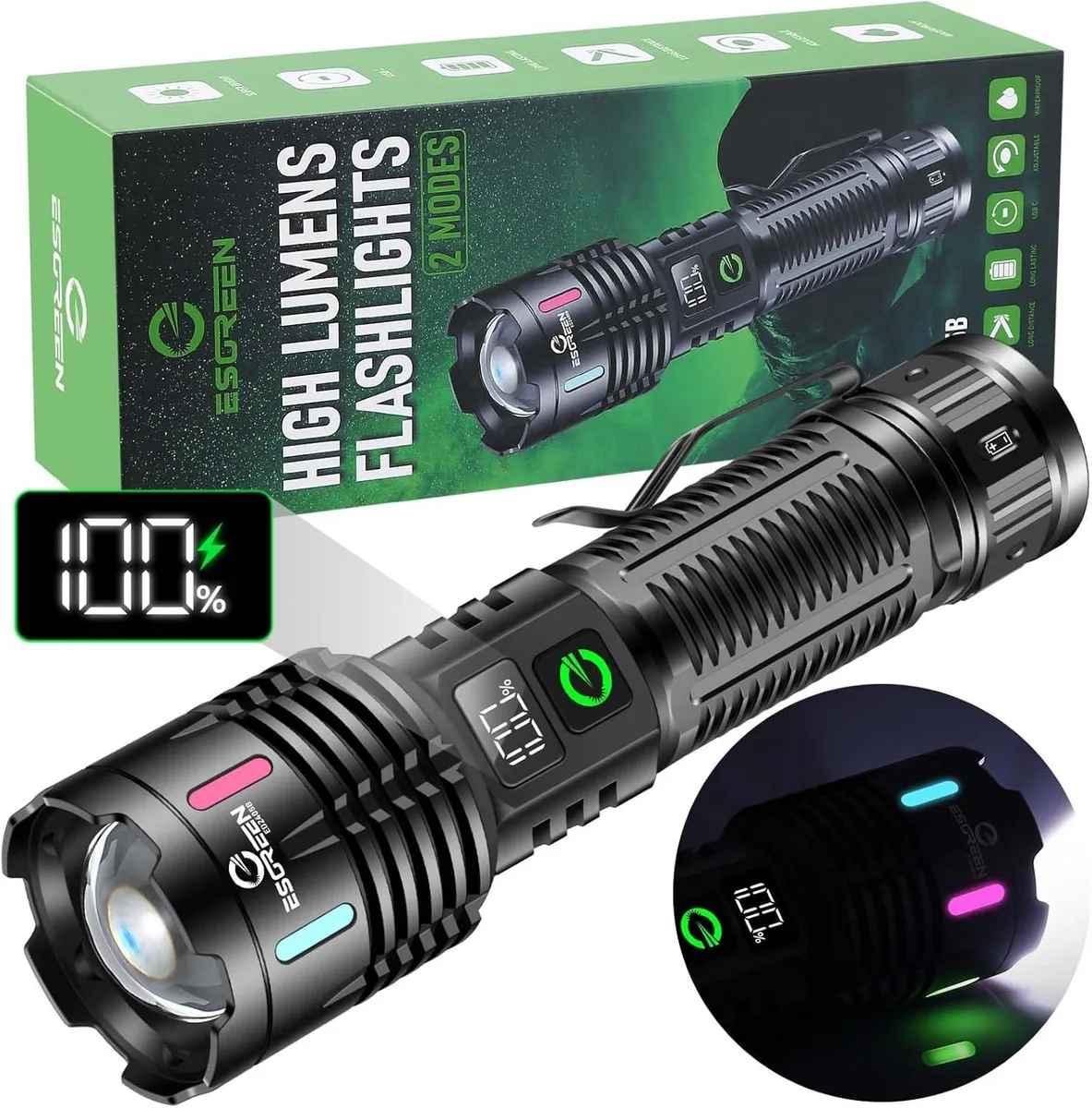 Cylindrical flashlight with fluorescent strips, USB-C port, LCD power display and pocket clip