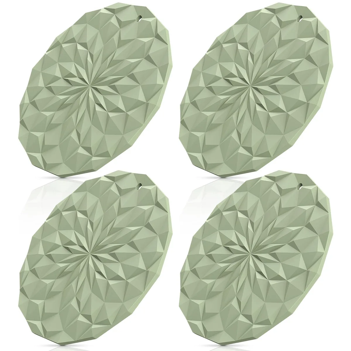 Four round sage-green silicone mats with diamond texture and hanging holes