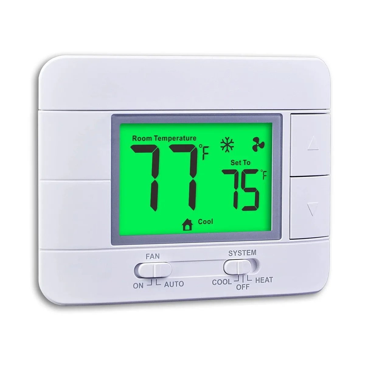 Twelve white wall thermostats with green LCD screens