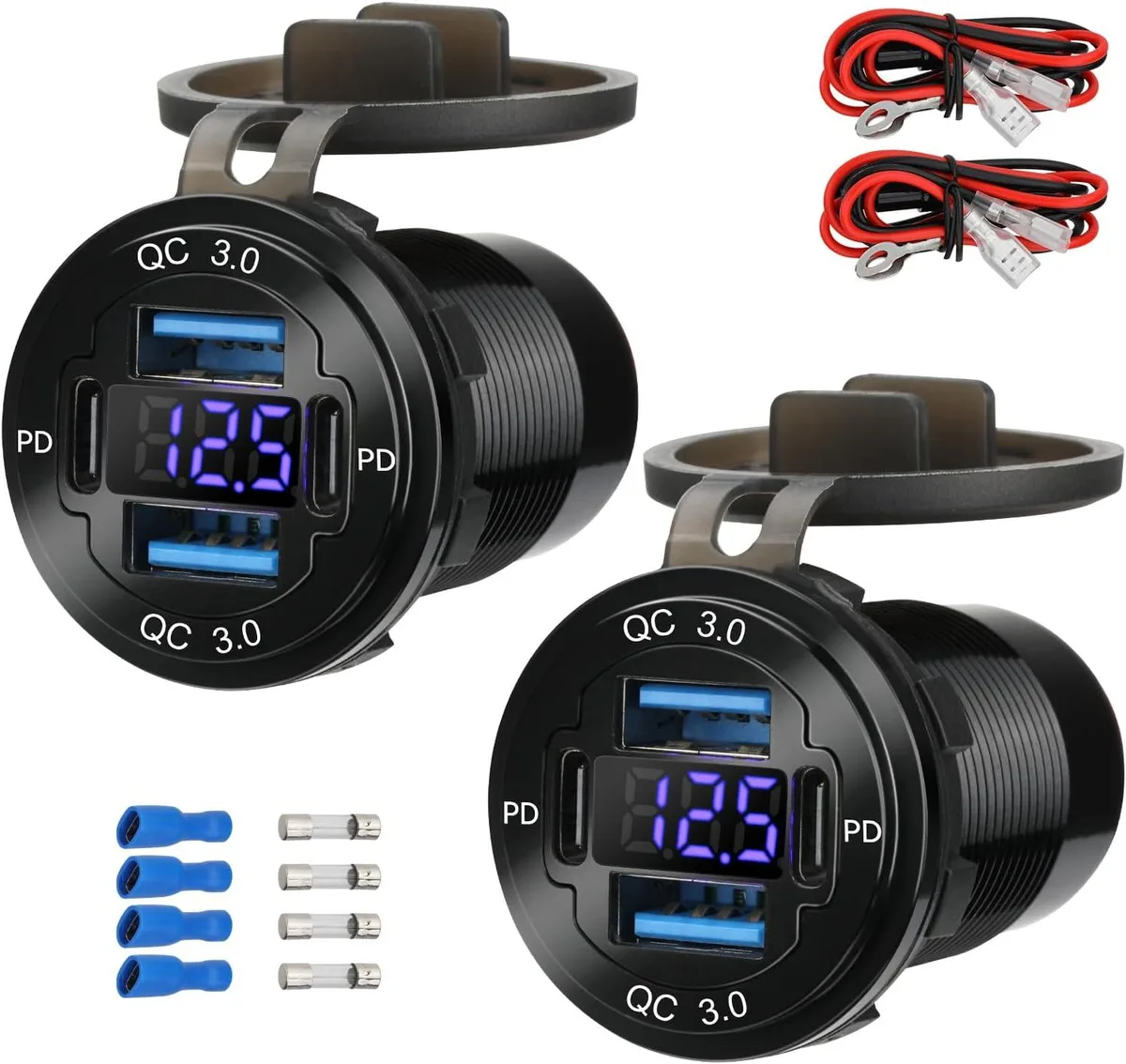 Hamzan Hamzan 2 Pack 12V 4-Port 78W PD30W QC3.0 Charger Blue Voltmeter — product photo