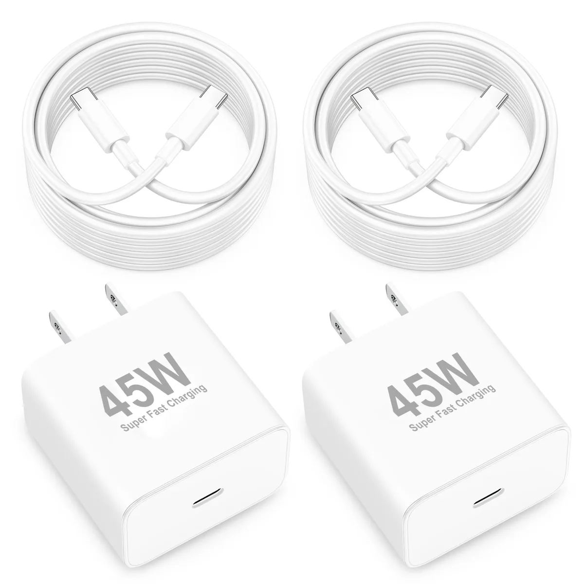 Two white USB-C wall chargers with long matching cables coiled beside them