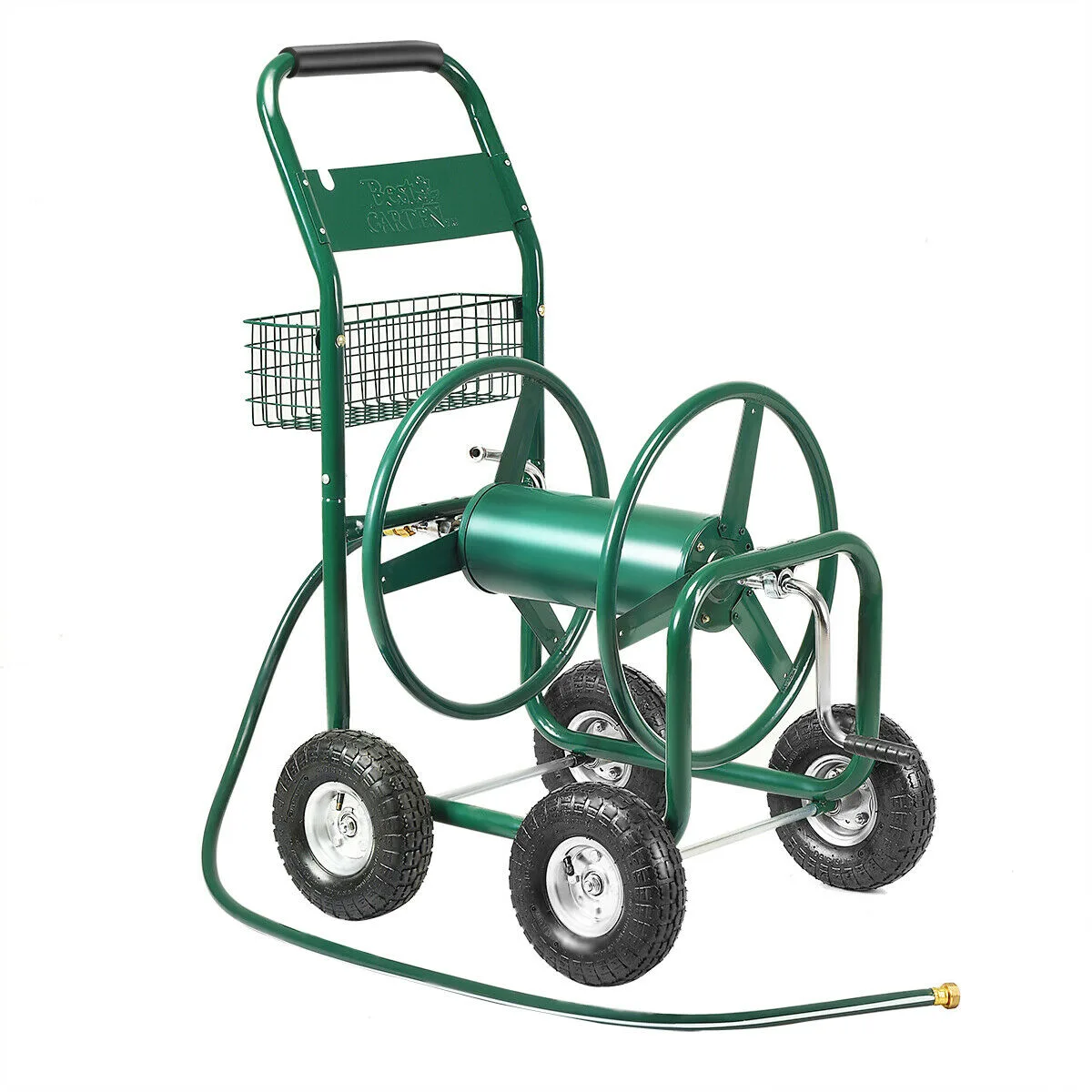 Green steel hose reel cart with 10 inch wheels and 350ft capacity