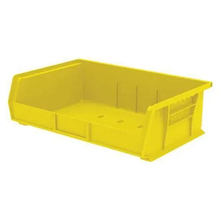 Yellow rectangular plastic storage bin with molded label slots and divider channels
