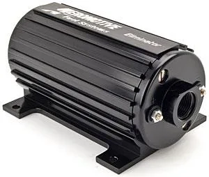 Silver cylindrical electric fuel pump with ORB-12 inlet and ORB-10 outlet