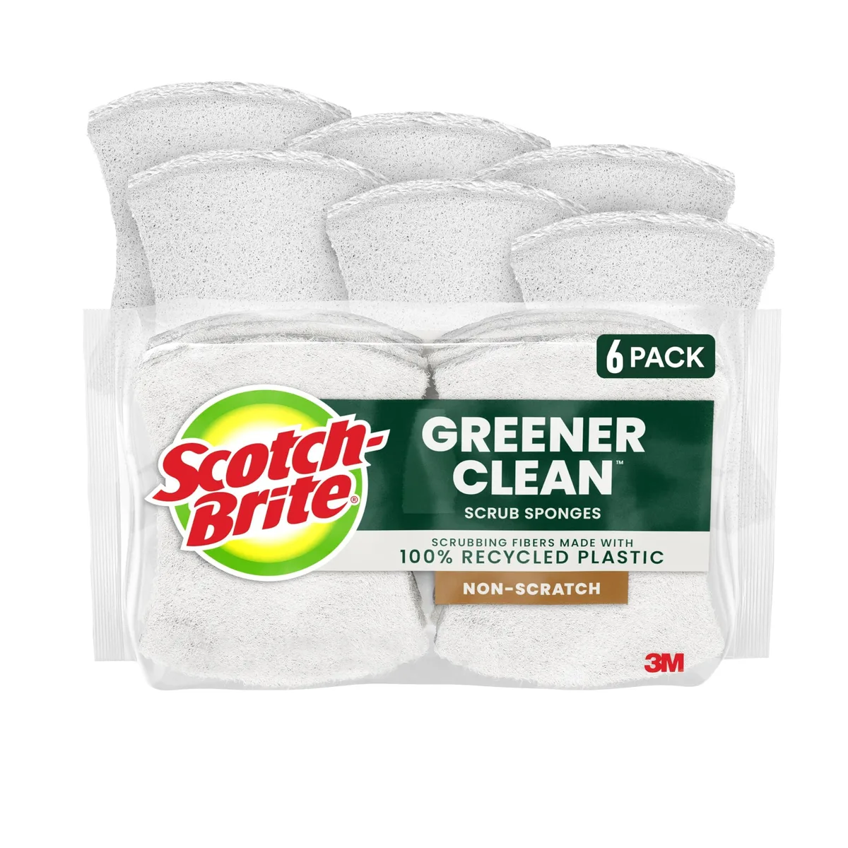 Six rectangular green and yellow sponges in open packaging