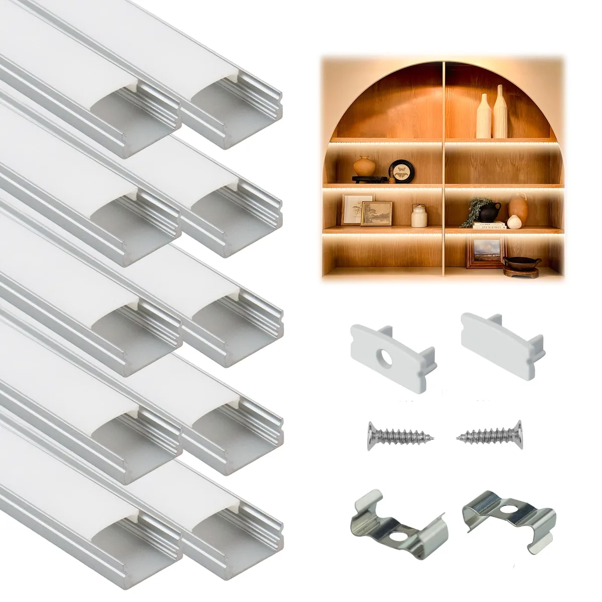 Ten silver aluminium channels with milky diffusers, each 6.6 ft long