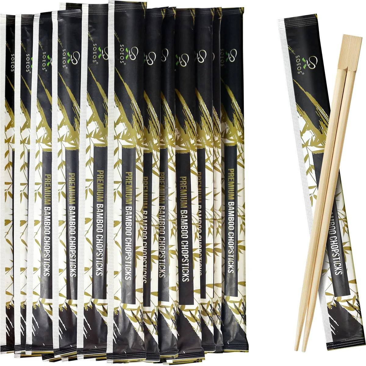 Bundle of 200 pairs of black bamboo chopsticks, 9 inches each, individually wrapped