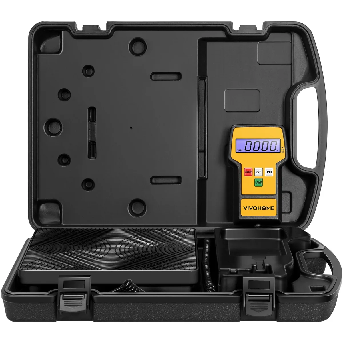 Black rectangular refrigerant charging scale with LCD display and textured platform inside hard carrying case
