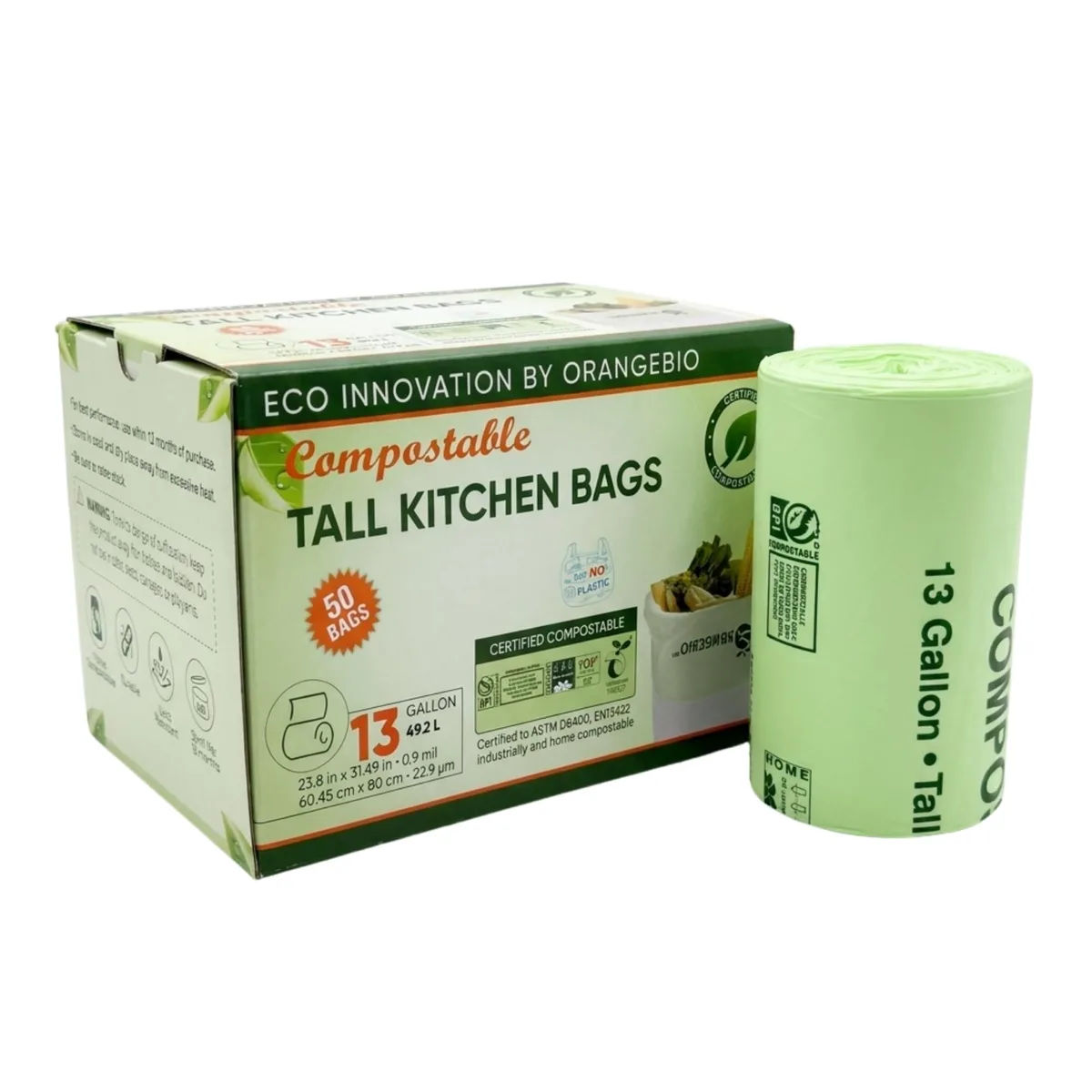 OrangeBio BG-OB 13 Gallon Compostable Trash Bags 50 Count 0.9 Mil Green — product photo