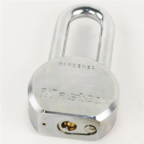 Silver rectangular steel padlock with long boron-alloy shackle and satin chrome finish
