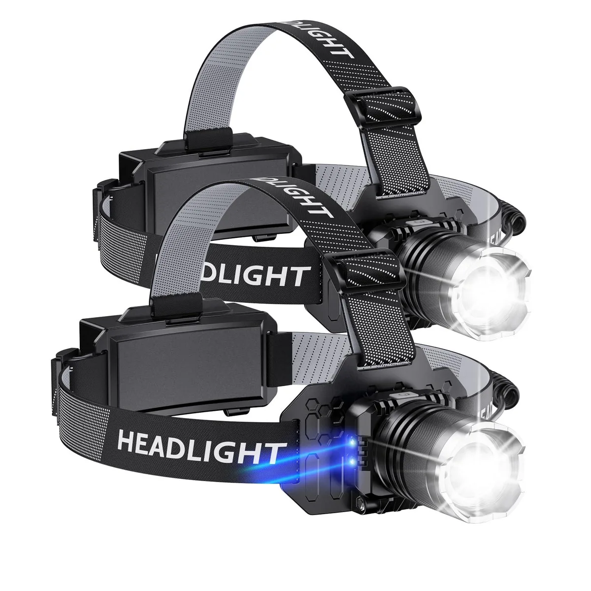 Two compact headlamps with matte finish, adjustable heads, rear red lights and helmet clips