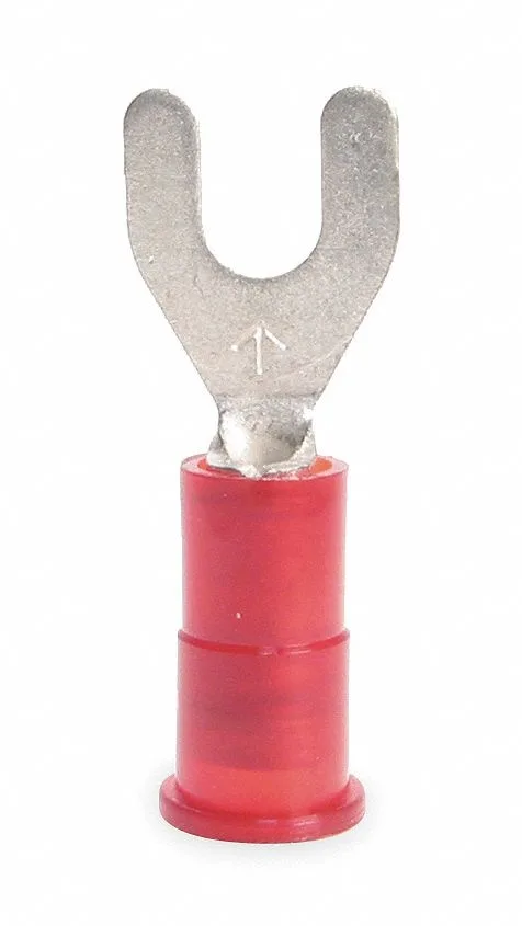 One hundred red nylon-insulated fork terminals with tin-plated copper barrels