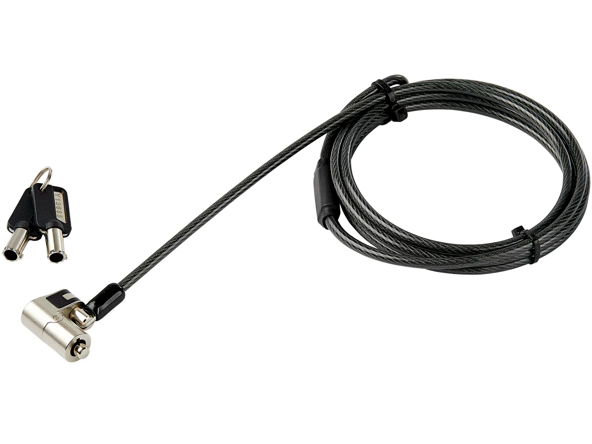 Black steel cable lock body with three interchangeable heads and two keys
