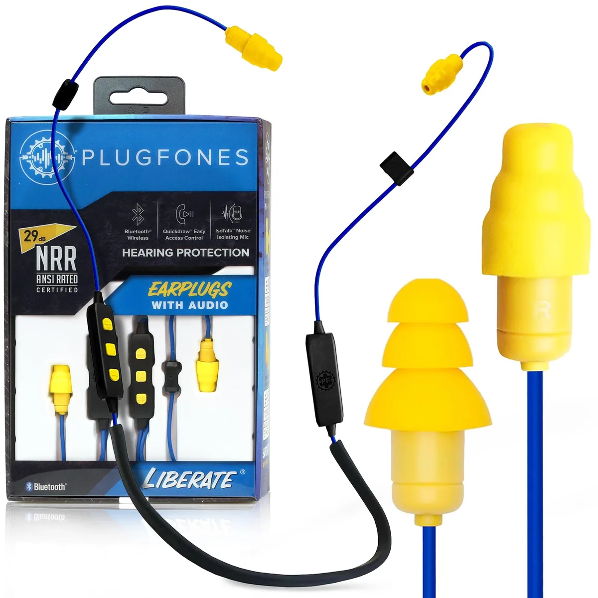  Plugfones Liberate 2.0 Bluetooth Earplug Headphones Blue Yellow 29NRR — product photo