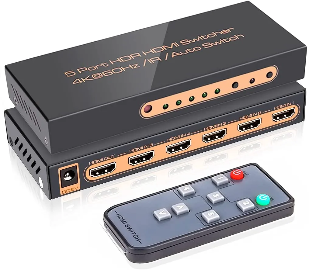 Black rectangular HDMI switch with five input ports and IR remote