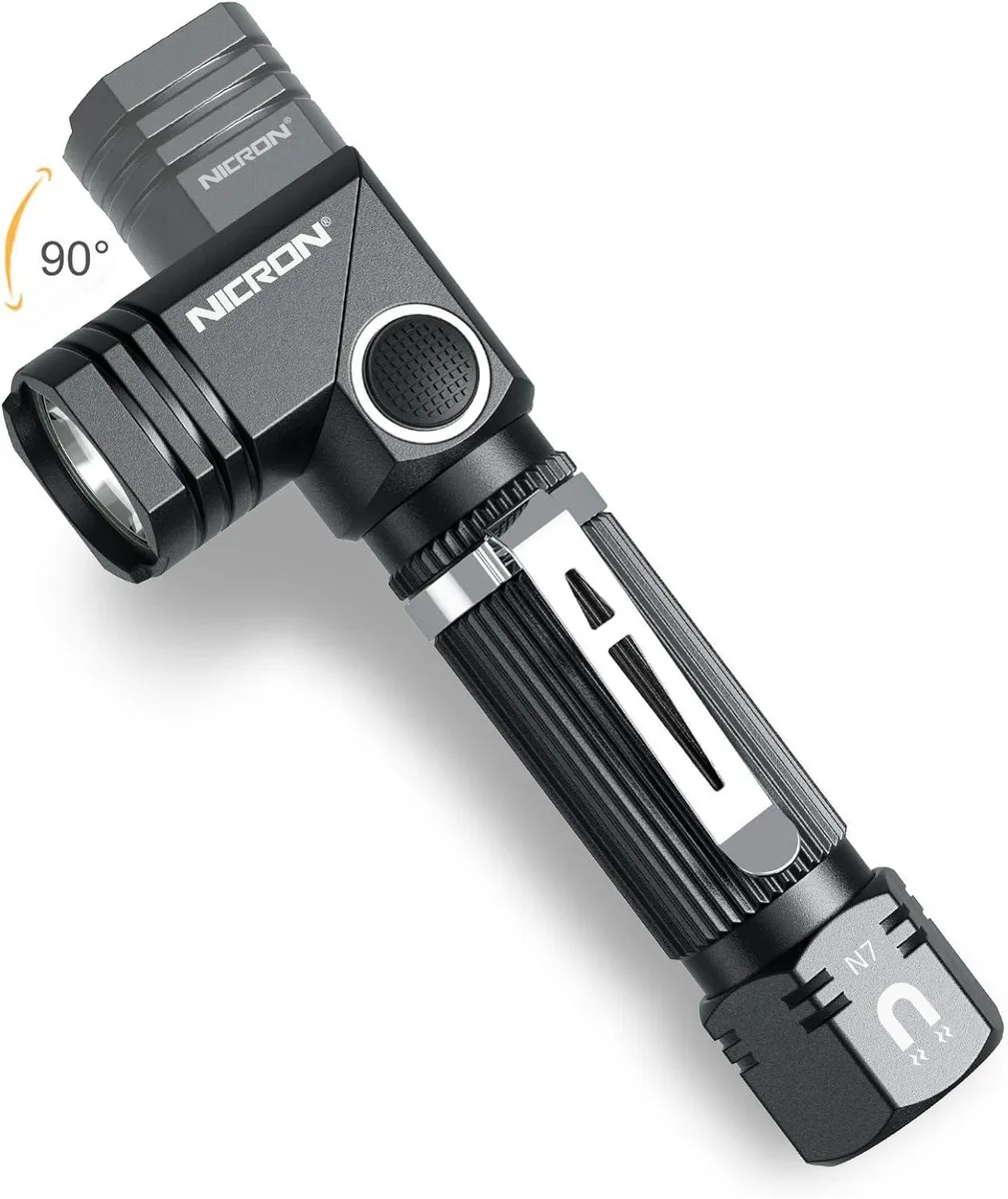 Compact silver flashlight with 90-degree rotating head and magnetic tail cap