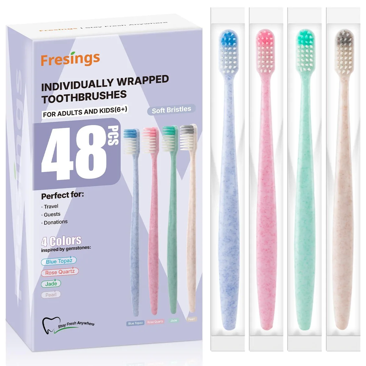 Pack of 48 multicolor soft manual toothbrushes, each individually wrapped
