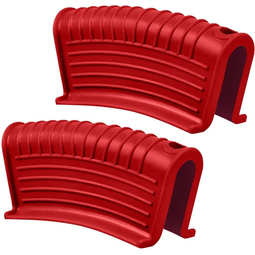 Red silicone handle sleeve with ribbed interior and hanging hook