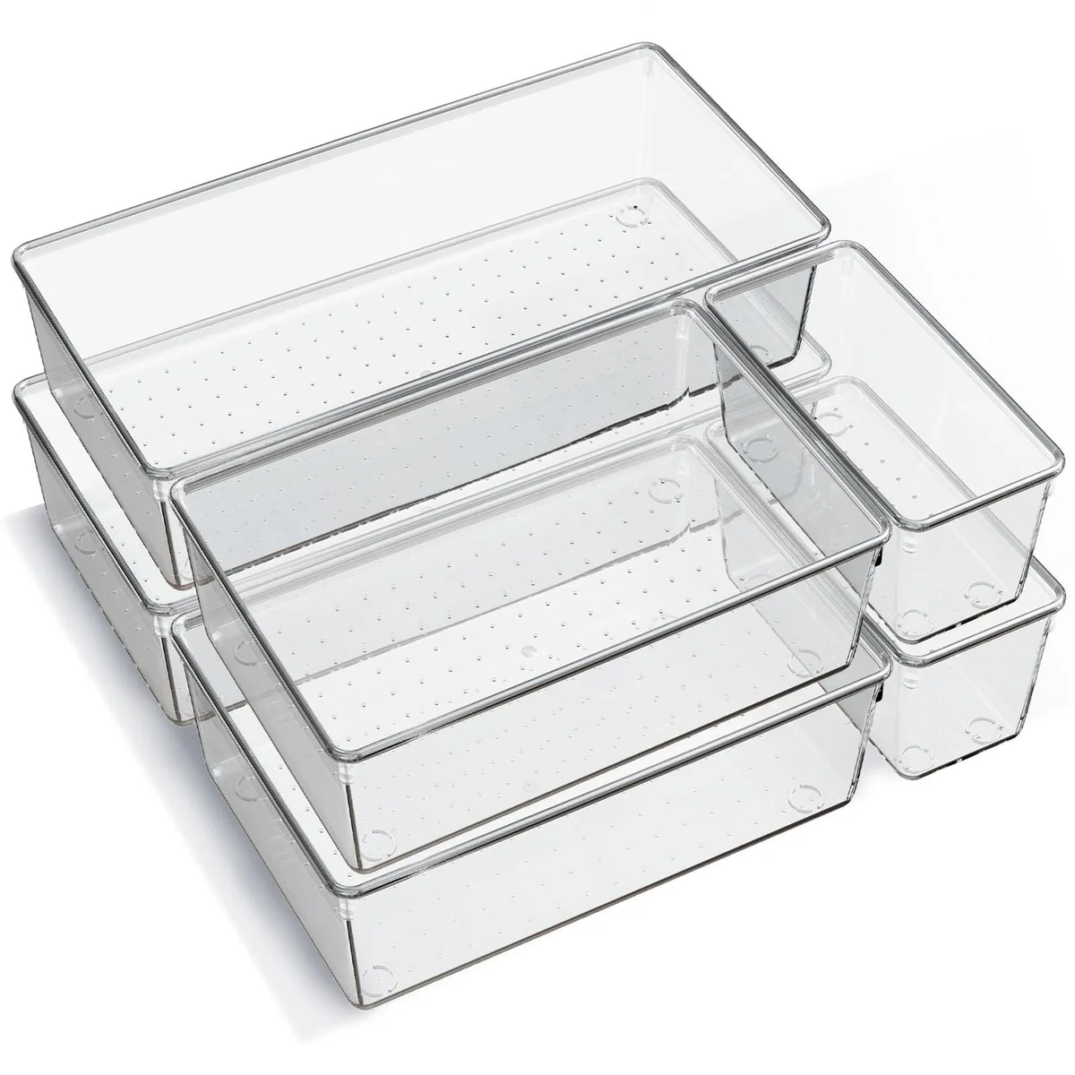 Six red rectangular plastic trays in three sizes with clear finish and silicone pads
