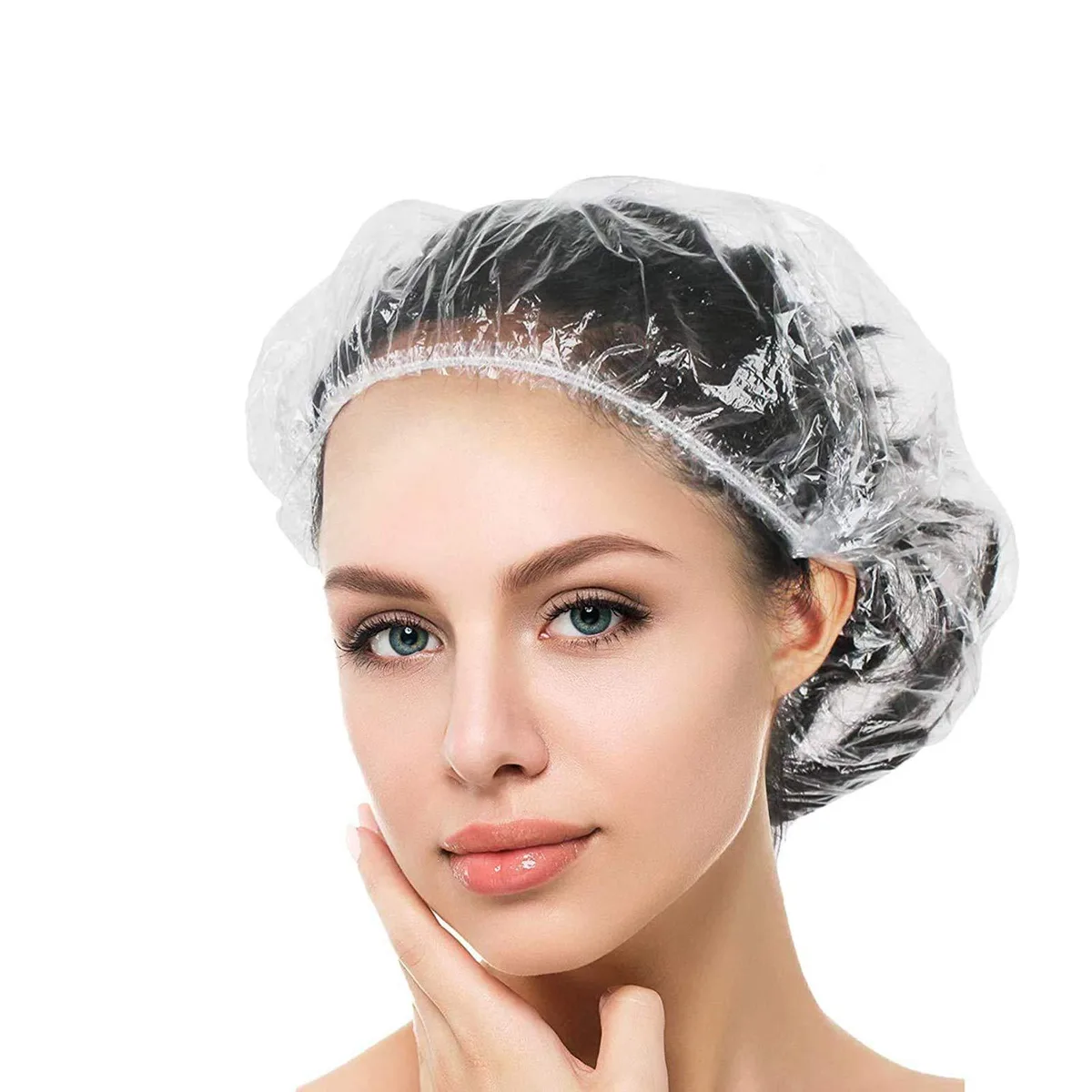 Pack of 50 clear disposable shower caps, 11 inch base with 20.5 inch stretch elastic edge