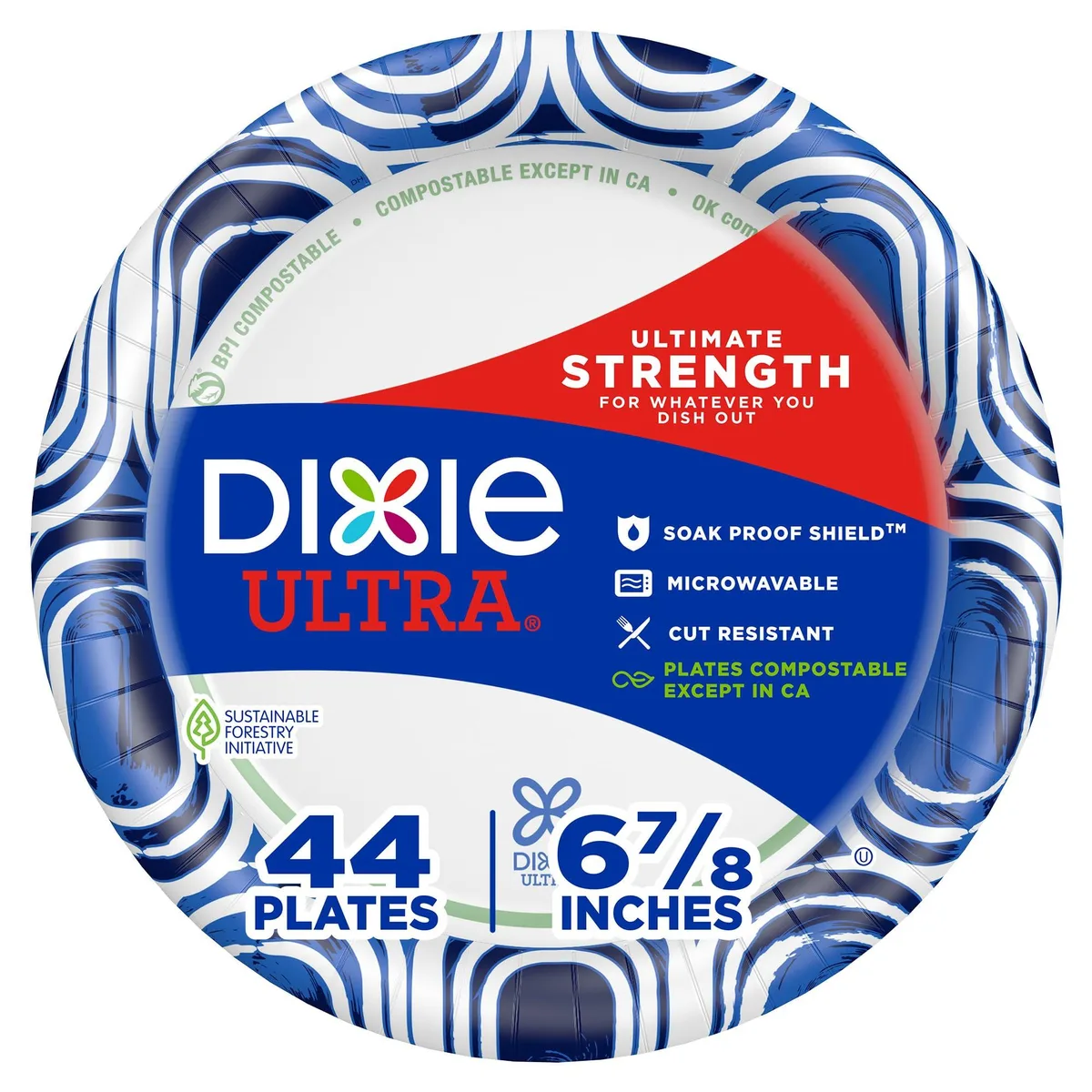 Round white paper plates with a blue dappled deco rim, 44 count