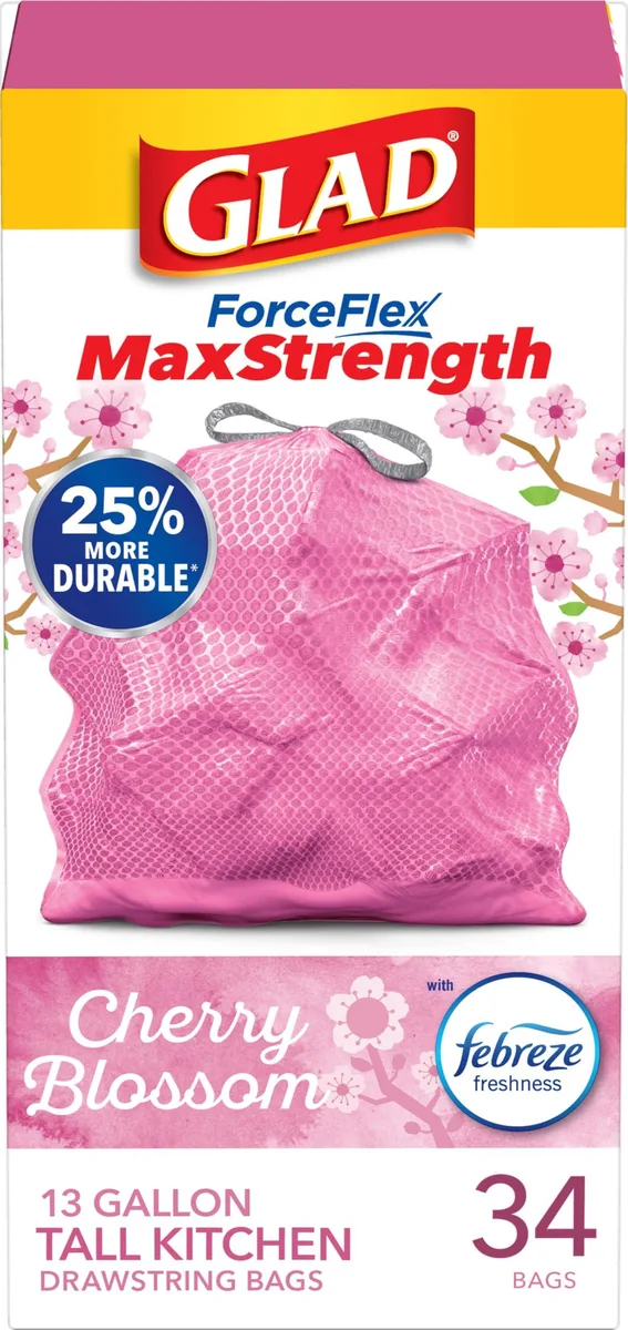 A rectangular box containing pink scented drawstring trash bags