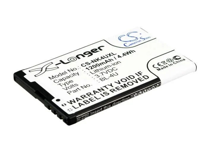Rectangular rechargeable battery pack with label showing 1200mAh 4.44Wh