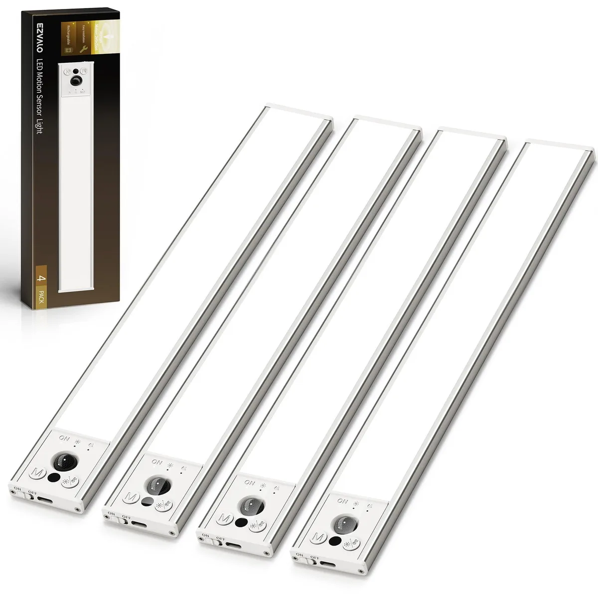 Four white 12-inch LED bars with clear prismatic covers, magnetic mounting, USB-C cables included