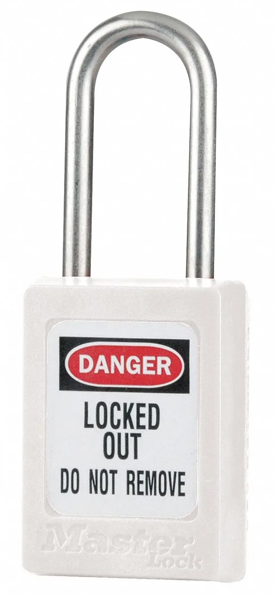 White thermoplastic padlock with stainless steel shackle and danger label