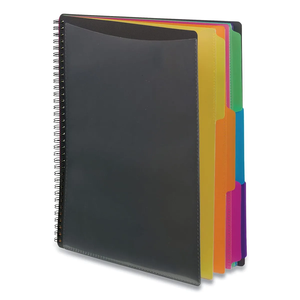 Spiral-bound poly organizer, letter size, 12 pockets with six bright dividers, black cover