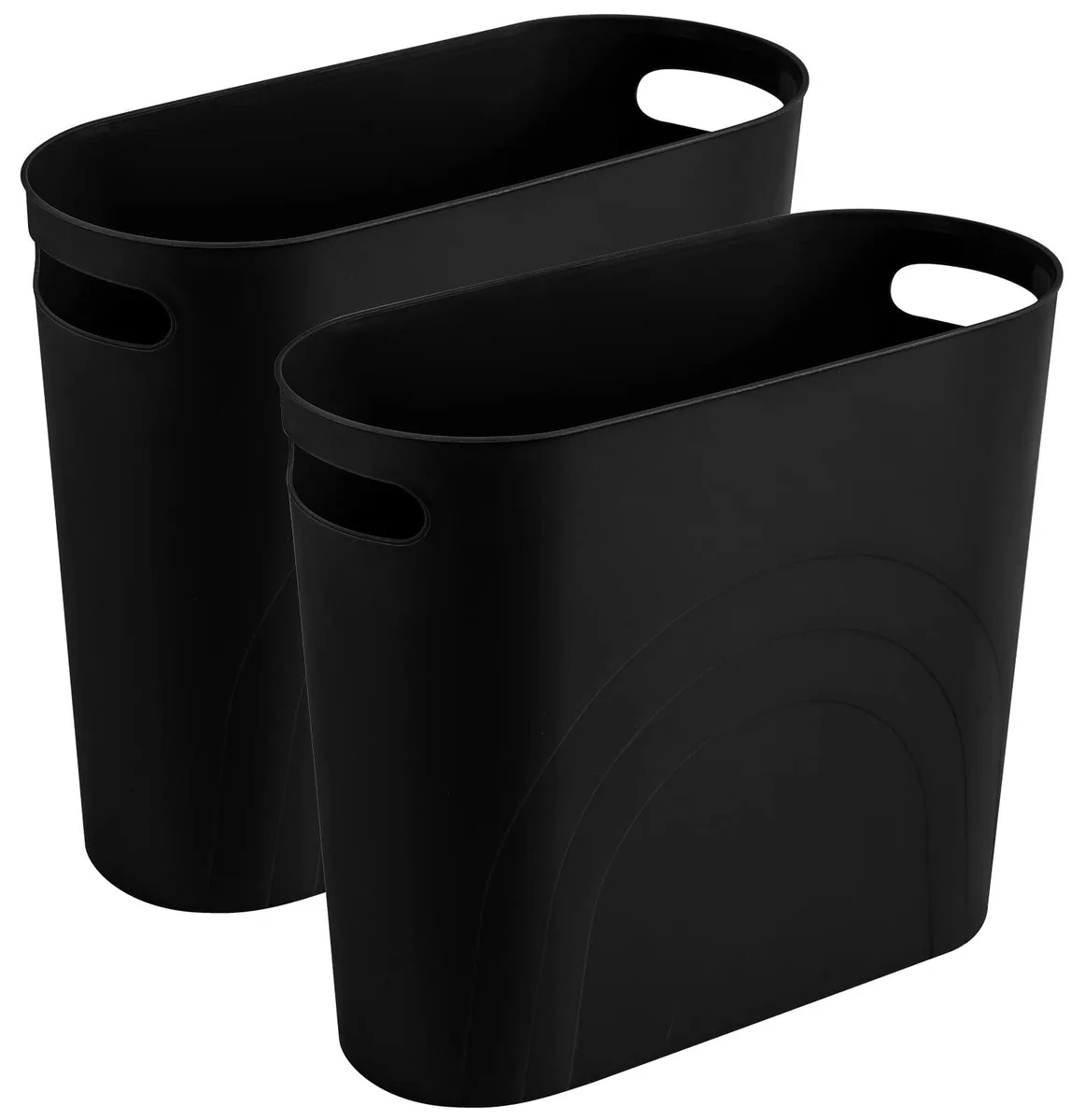 Twelve slim black plastic bins with built-in handles, 3.5 gallon capacity each