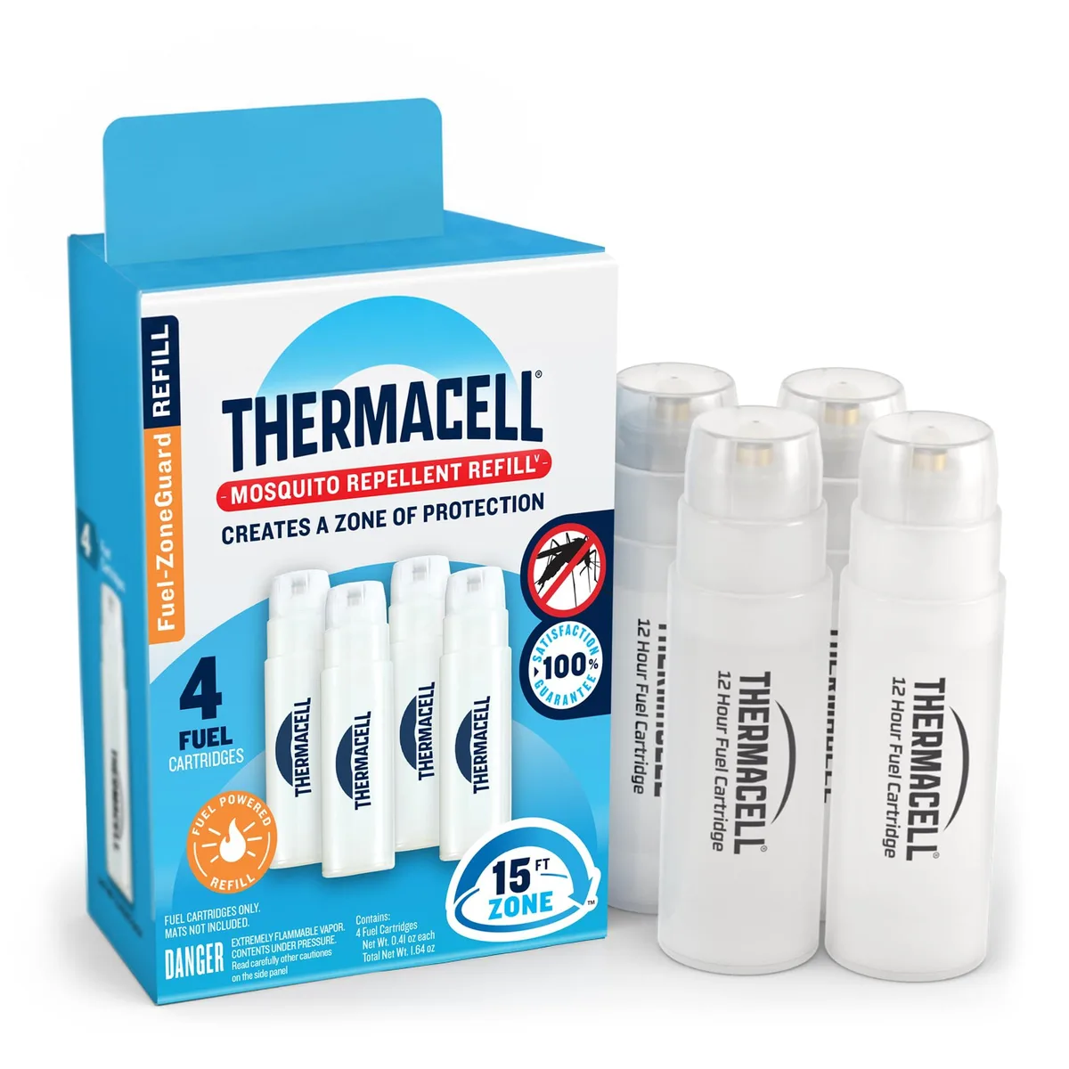 Four butane fuel cartridges in cardboard packaging