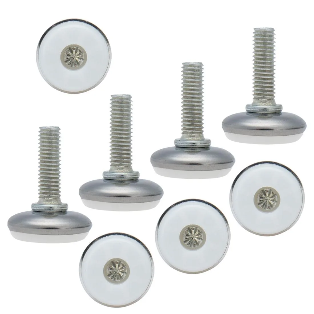 White plastic cap leveling feet, M8 threaded stem, eight pieces