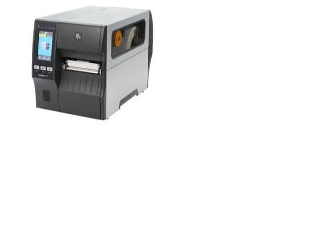 Industrial barcode label printer, matte grey chassis, 4 inch print width, 300 dpi resolution