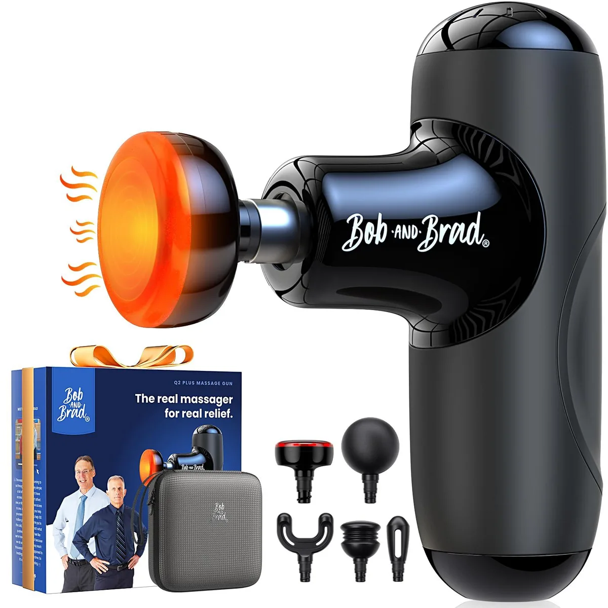 Compact black handheld massage gun with rubber grip and USB-C port