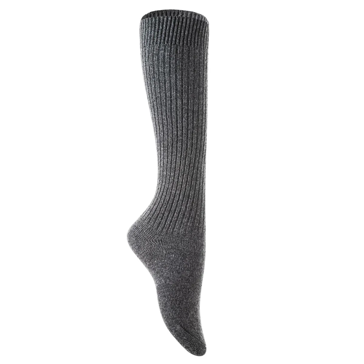 A pair of grey wool crew socks lying flat