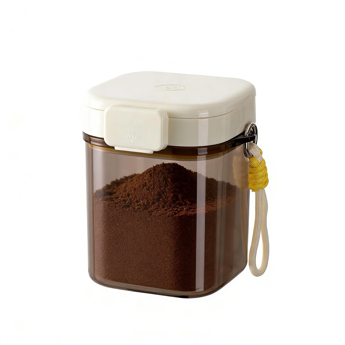 Brown cylindrical Tritan food storage container with locking lid, measuring spoon and lanyard