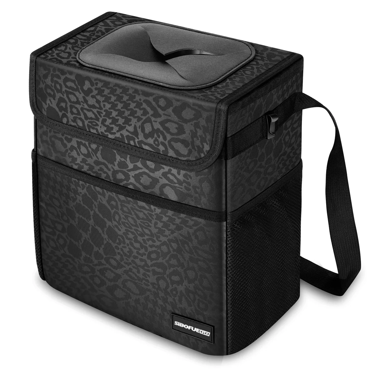 Black collapsible car trash bin with lid and side mesh pockets, rectangular shape, Oxford polyester finish