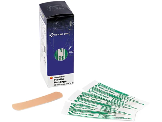 A beige cardboard box containing twenty-five plastic adhesive bandages