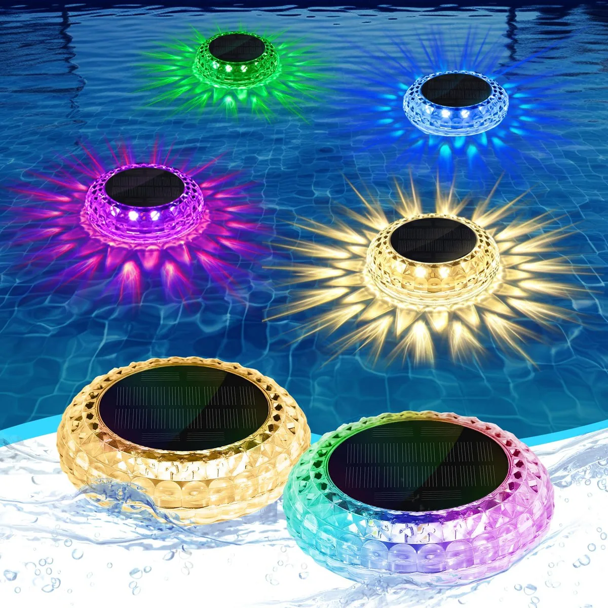 Two white acrylic floating spheres with clear prismatic glass and LED lights