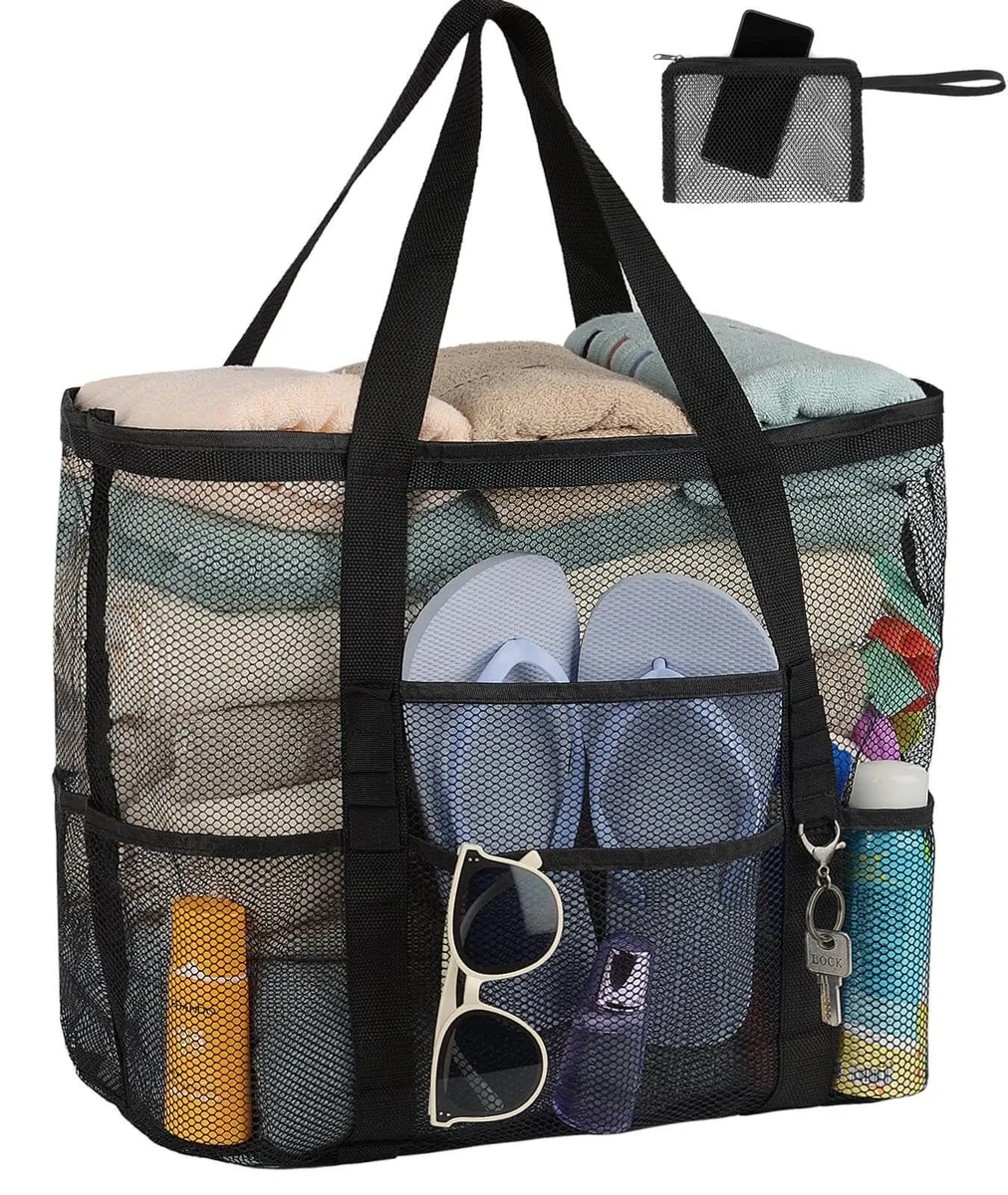 Beige mesh tote bag with long shoulder handles, folded flat